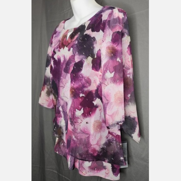 NWT Alex Evenings Tiered Ruffle Short Sleeve Top Purple Floral Shimmer Women's M - Picture 6 of 10